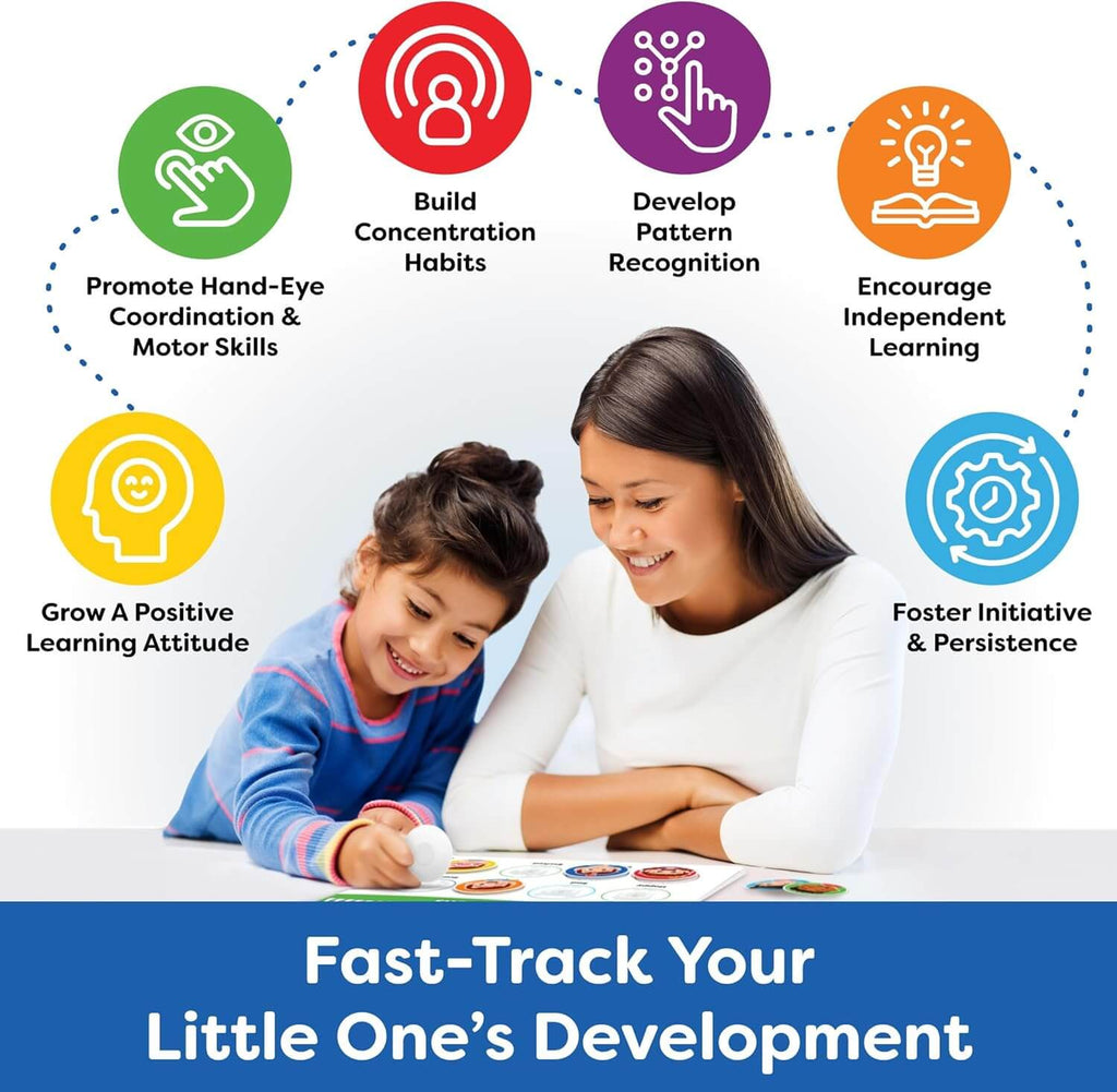 Infographic showcasing educational benefits of the Busy Brain Book for kids.