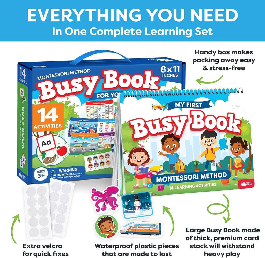 Busy Brain Book including 14 activities, extra velcro pieces, waterproof plastic pieces and a carrying bag.