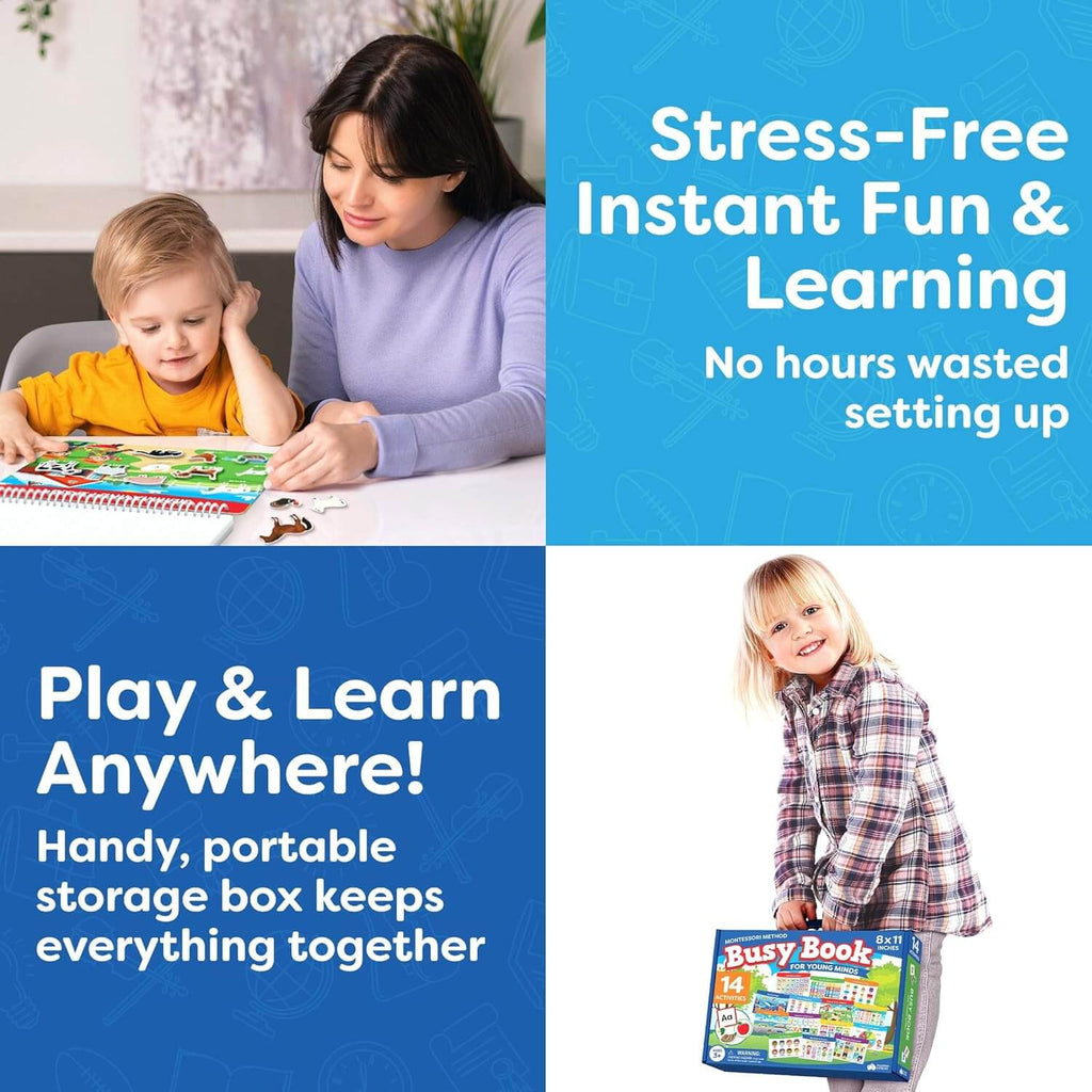 Infographic showcasing kids playing with the Busy Brain Book by Smartoon Kids and how it helps them develop. 