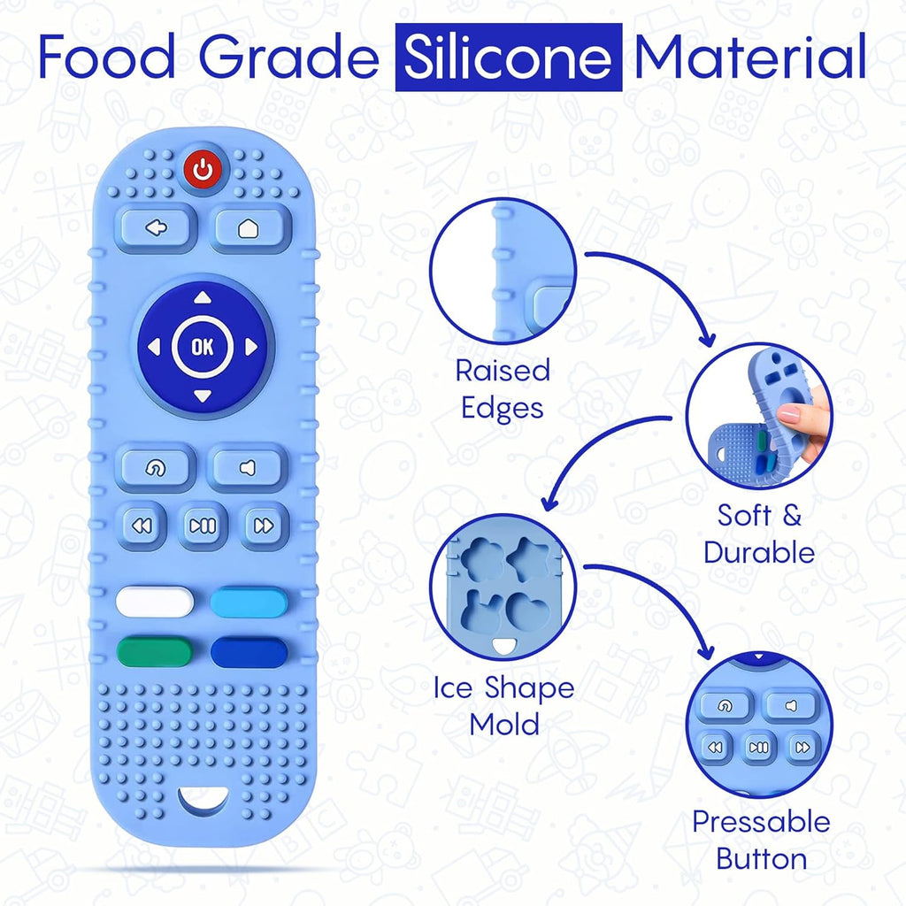 Infographic image of a baby teether shaped like a TV remote, made from food-grade silicone. Features include raised edges for grip, soft and durable texture, ice shape mold on the back, and pressable buttons for sensory engagement.