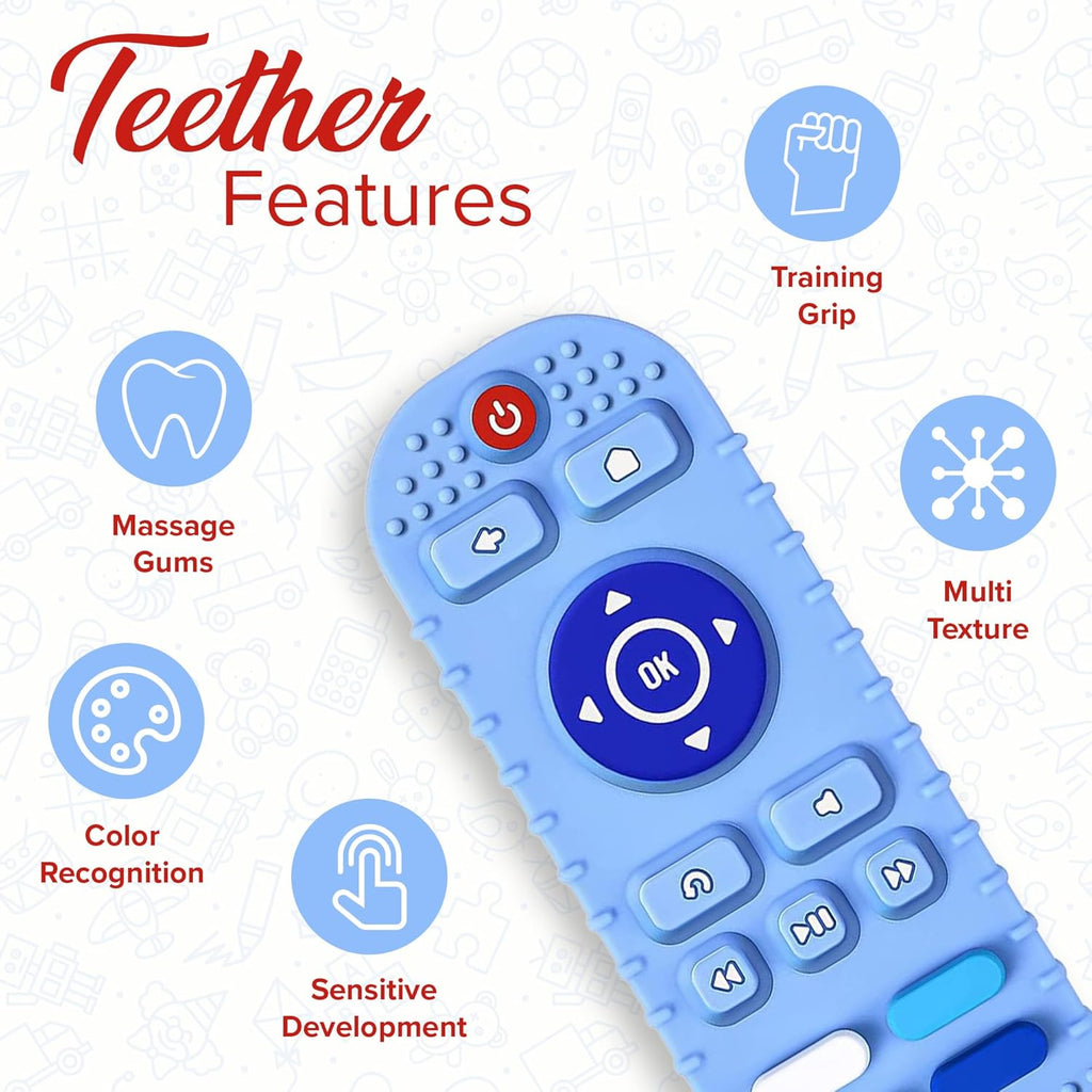 Infographic-style image of a baby teether shaped like a TV remote, highlighting its features such as gum massage, color recognition, sensitive development, multi-texture surface, training grip, and playful button design for sensory exploration.