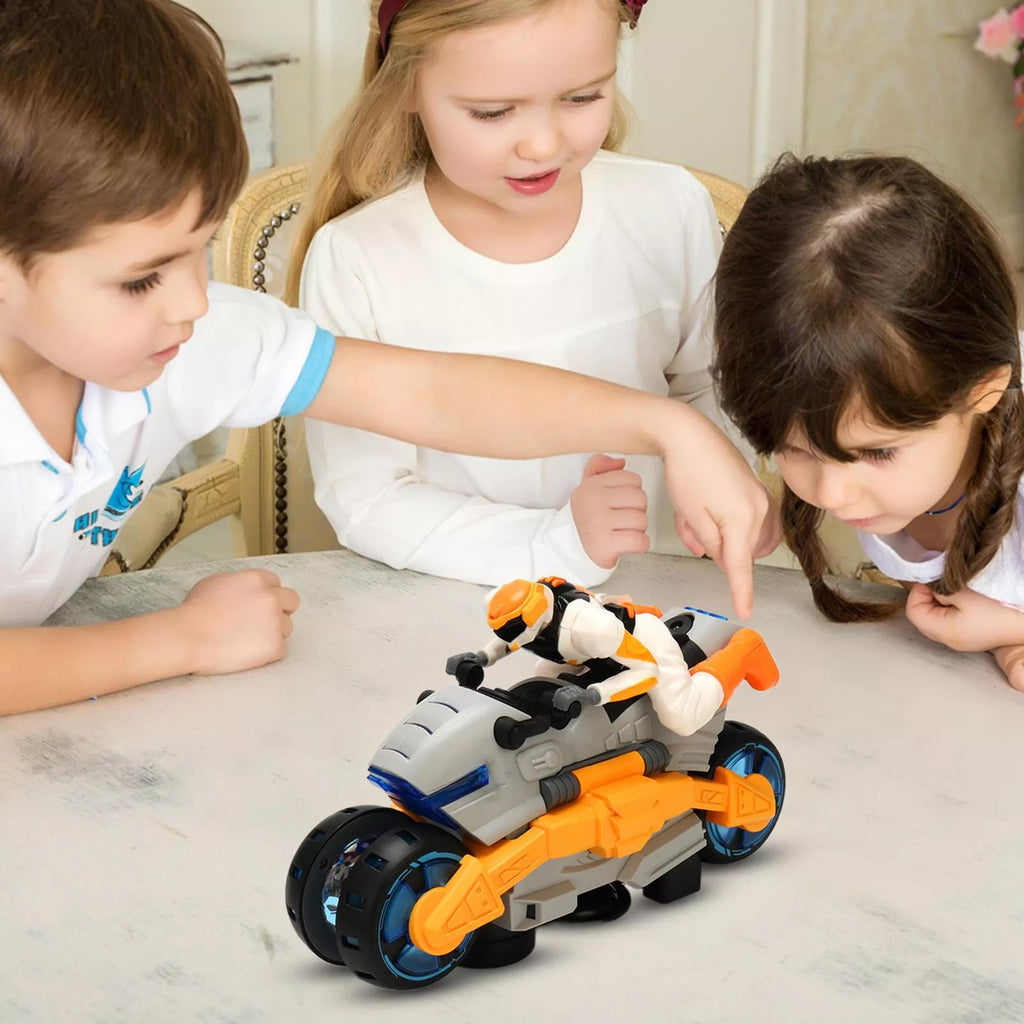 Children playing with a futuristic looking motorcycle with a rider on it. 