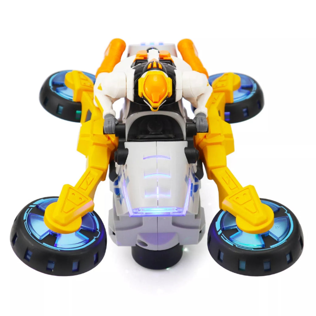 A front view of the Cyclone Racer toy motorcycle in its hovering mode, with its wheels extended and blue LED lights glowing.