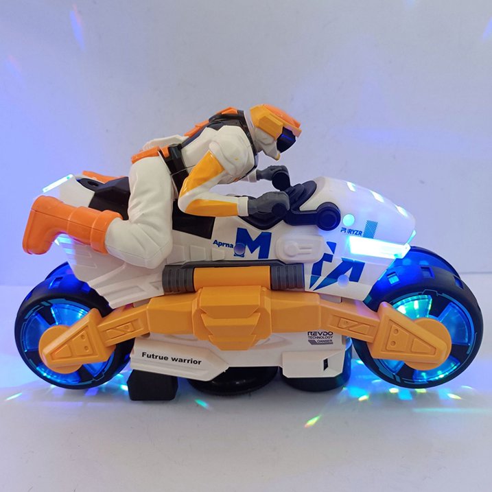 A close-up side view of the Cyclone Racer toy motorcycle with a futuristic design, showing blue-lit wheels, a white and orange body, and a detailed rider figure.