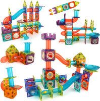 Different structures and mazes children can build with the DIY Magnetic Marble Run set.