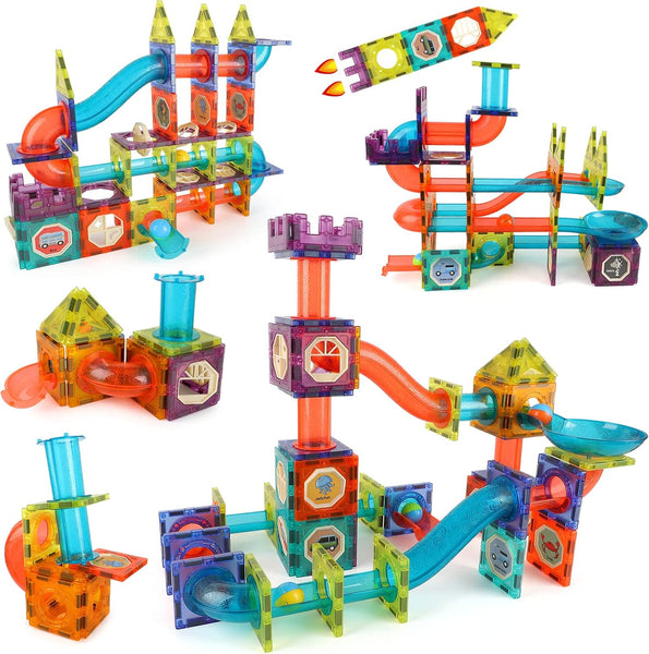 Different structures and mazes children can build with the DIY Magnetic Marble Run set.
