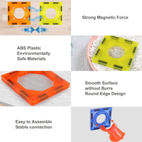 Product features of a DIY magnetic marble run toy: includes strong magnets in tiles, made from environmentally safe ABS plastic, has a smooth surface with round edges, and offers easy assembly with stable connections.