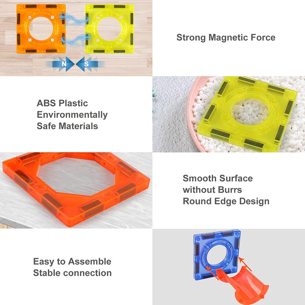 Product features of a DIY magnetic marble run toy: includes strong magnets in tiles, made from environmentally safe ABS plastic, has a smooth surface with round edges, and offers easy assembly with stable connections.