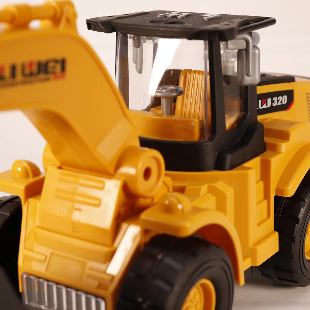 Close up an on a yellow excavator toy for kids with an automatic arm, music, and LED lights.