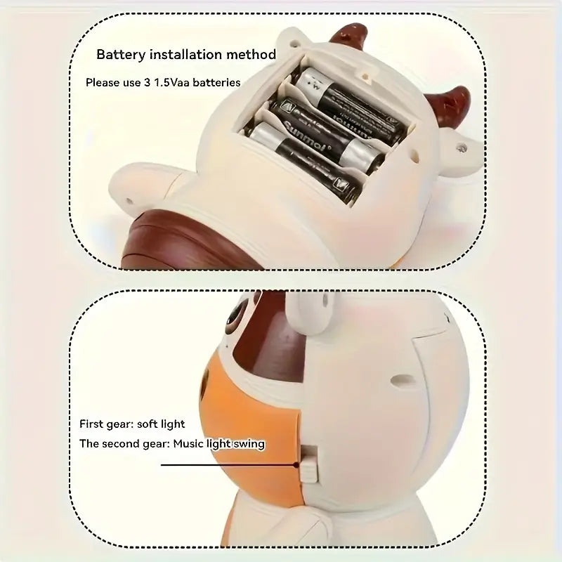 Infographic showcasing battery compartment and a power button on the Disco Cow toy.