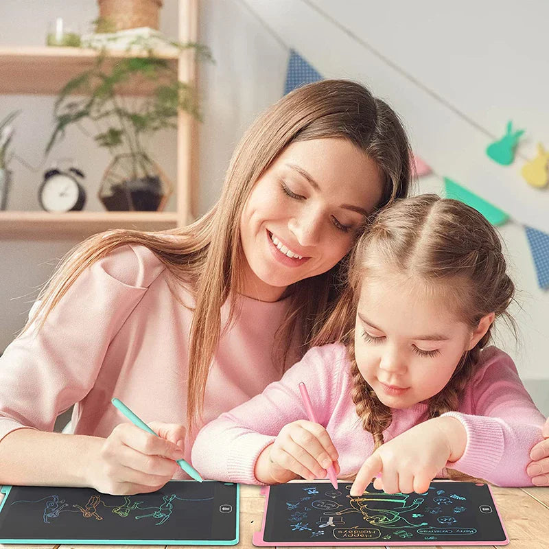 Mother and daughter having fun creating colorful doodles on a Smartoon Kids Drawing Tablet. 