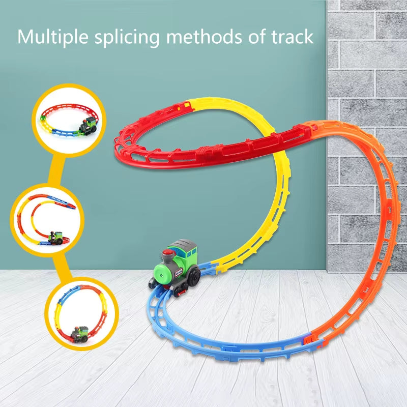 A colorful looping Flip Track Express toy with multiple configuration options displayed in circular insets. A small green train moves along the blue, yellow, red, and orange track, demonstrating different assembly possibilities. 