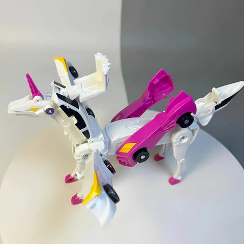 Colorful unicorn toy that is created when two Fusion Bots cars collide. 