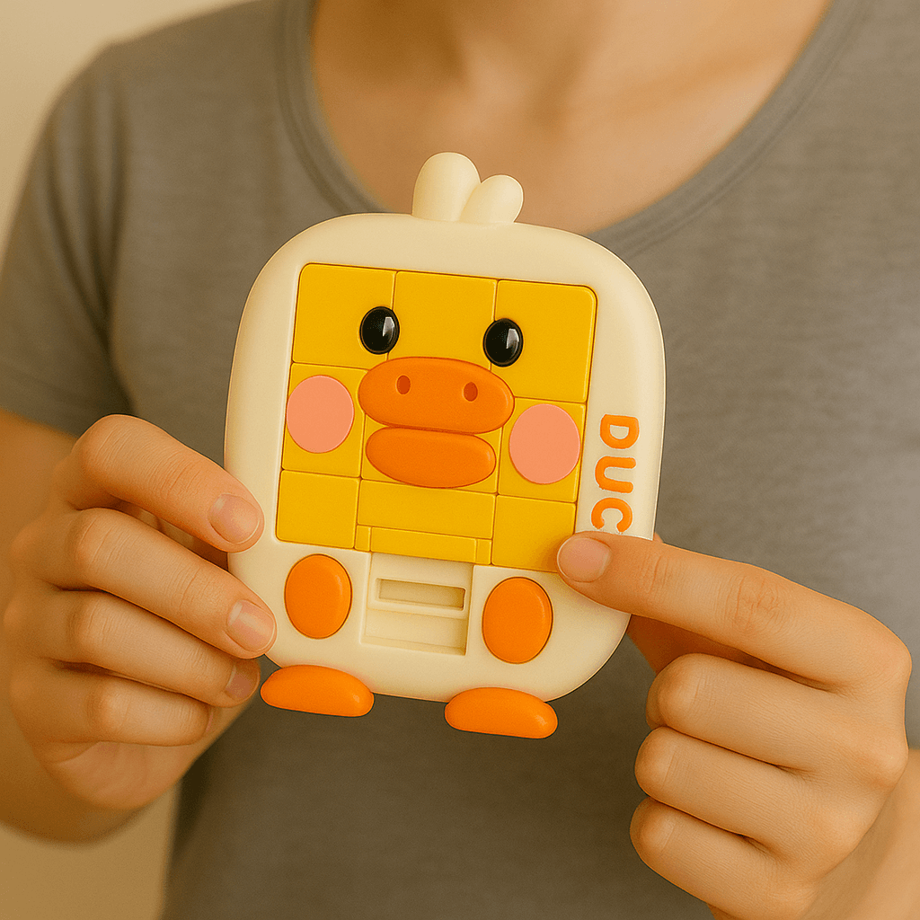Woman holding a duck puzzle game featured in the GoBag Buddies toy. 