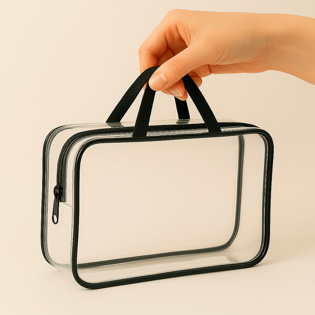 Woman holding a see-through bag, which holds all the toys featured in the GoBag Buddies set.