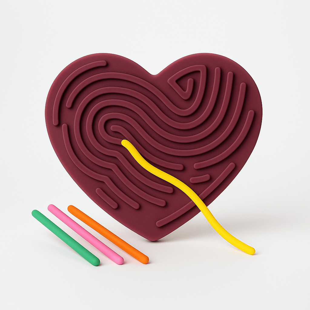 Silicone maze game featuring colorful elastic sticks and a heart-shaped maze. 