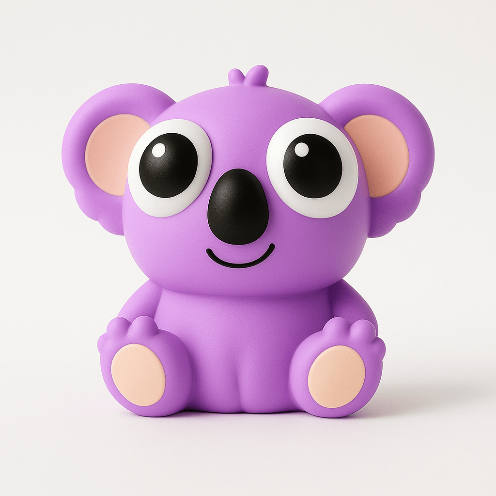 Purple silicone koala toy with cute eyes and a smile, featured in a travel bag for kids with other tactile toys.