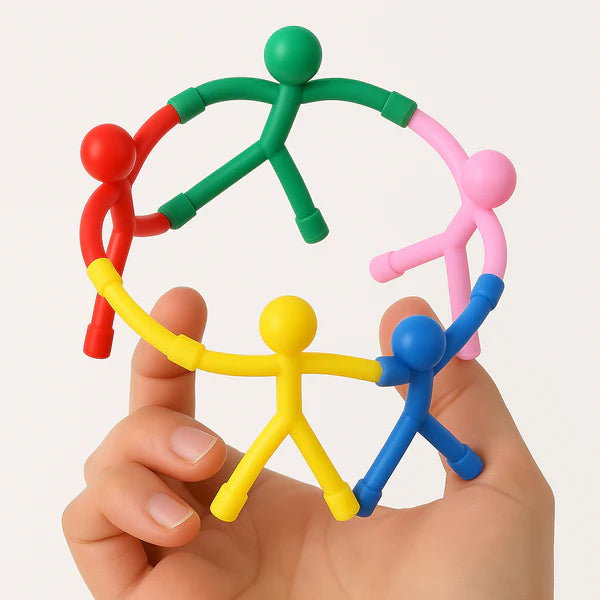Colorful silicone figurines with magnets on their arms and legs allowing them to stick together, featured in the GoBag Buddies toy set.