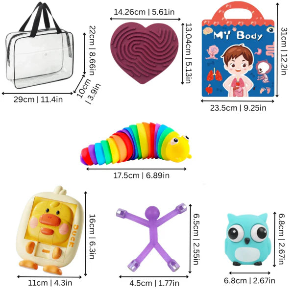 Dimensions of all GoBag Buddies toys.
