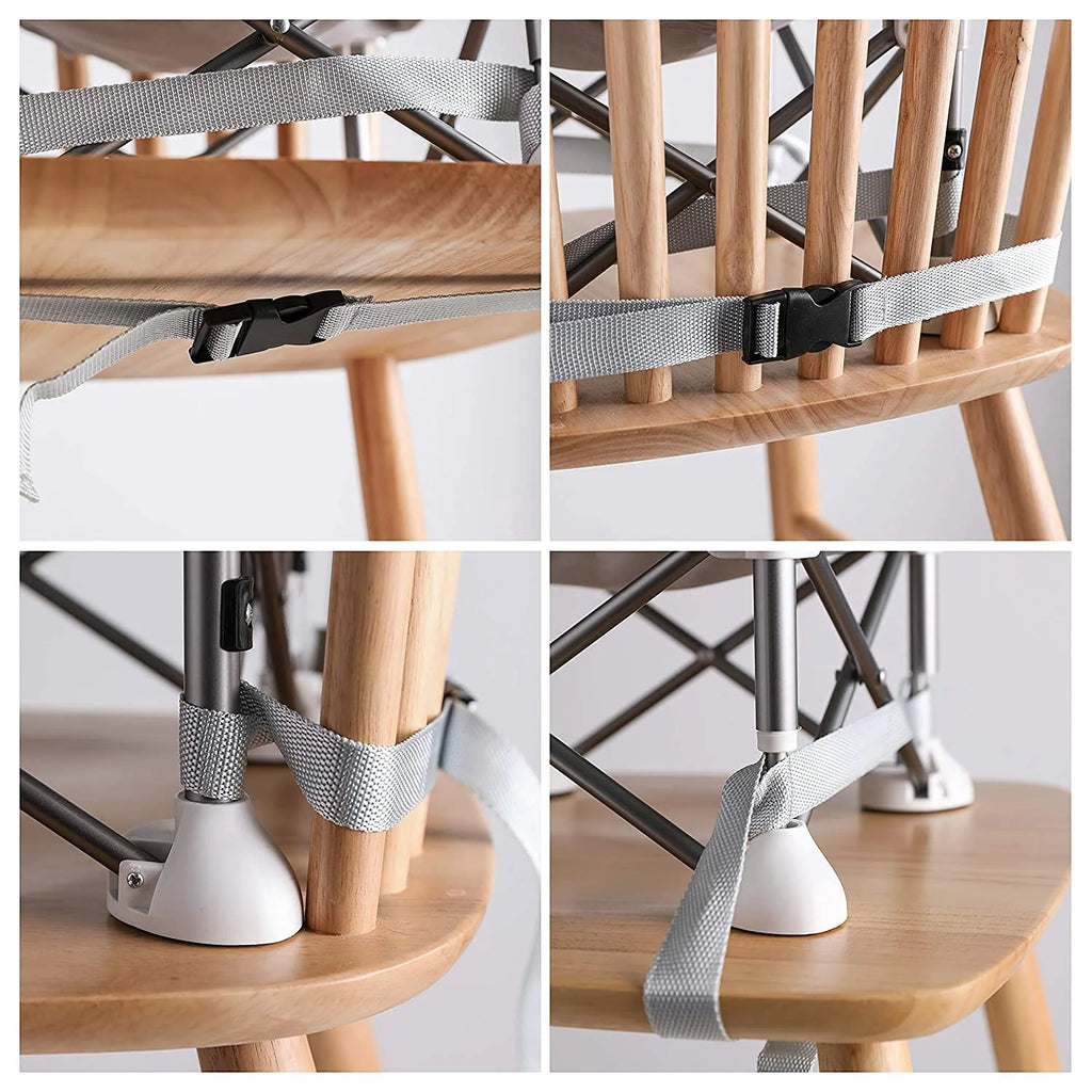 Close-up showing how a GoSit Junior can be strapped to a normal chair to increase the height a child is sitting at. 