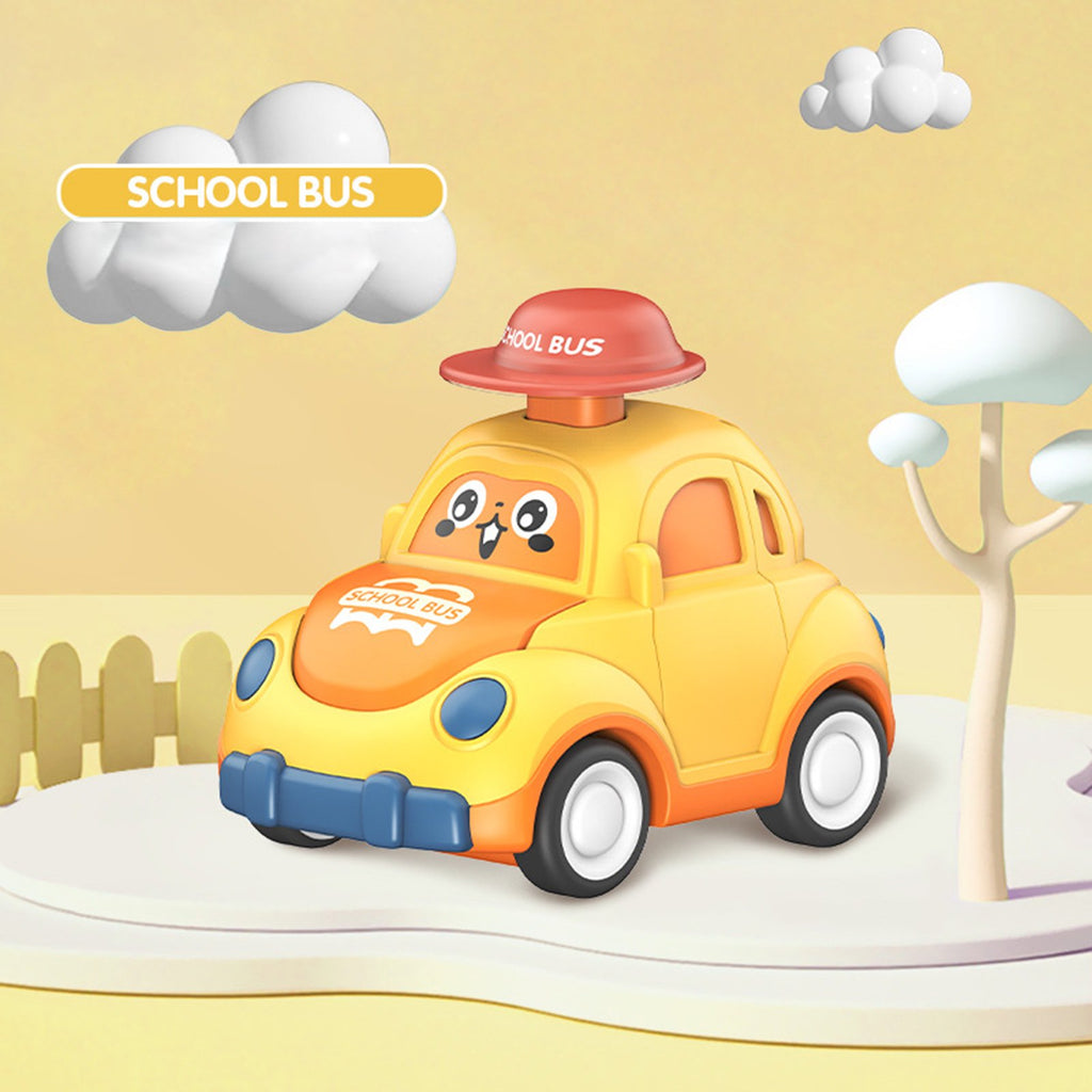 School bus theme car with round corners and wheels, part of the Hat Zoomers toy set.