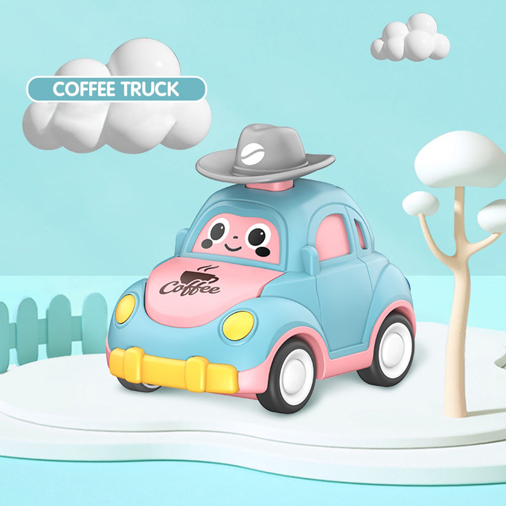 Cute coffee truck car toy with round corners and a hat which, when pressed down, moves the car forward. 