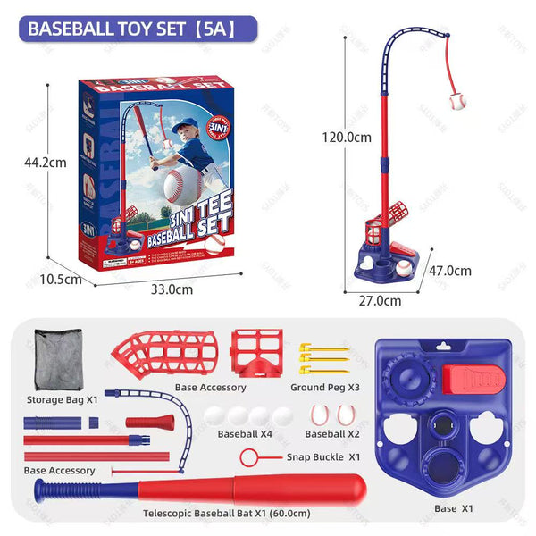 Dimensions of the MVP 3-in-1 Tee-Ball Trainer and all parts featured in the set.