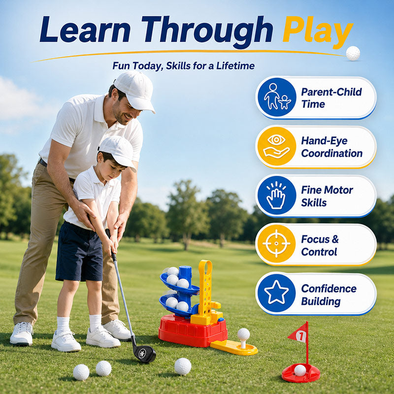 Father and son learning to play golf by playing with Smartoon Kids's Junior Golf Coach toy.