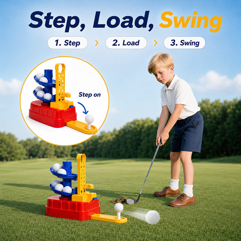 Golf swing trainer showing the three-step process—step, load, and swing—with an automatic ball launcher feeding golf balls as a child practices golf shots.