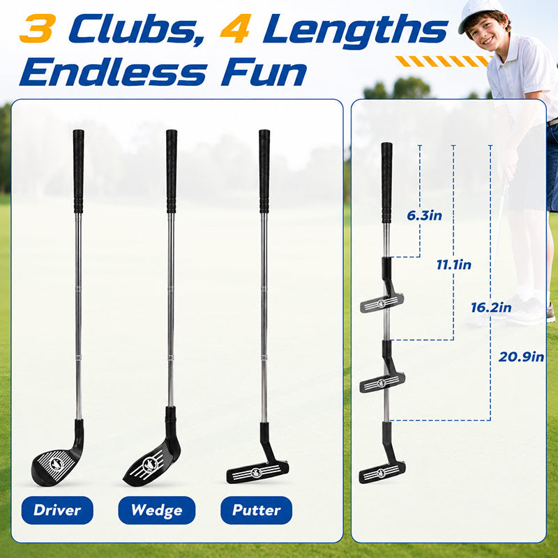 Junior golf training set with three purpose-built clubs—driver, wedge, and putter—featuring four adjustable length settings to grow with young golfers.