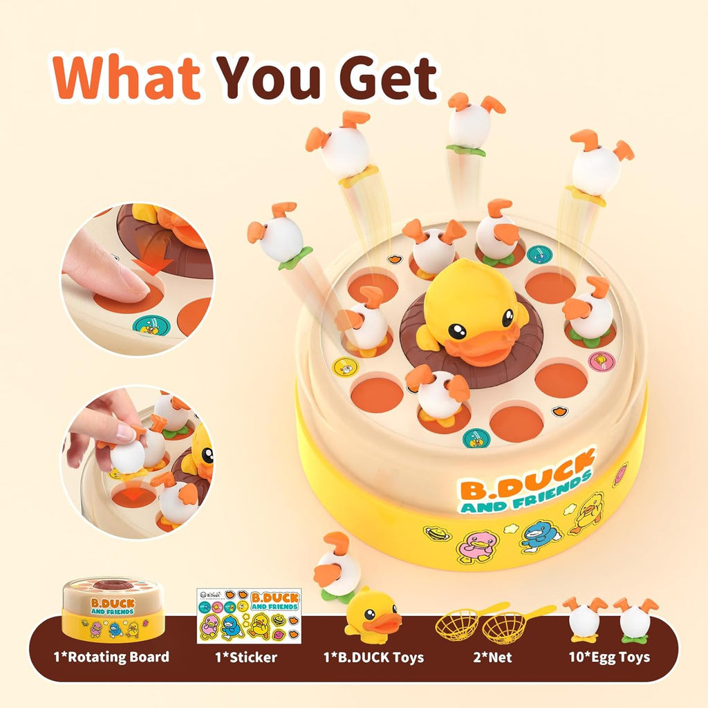 Infographic showing what is included in the Jumping Ducks toy box.