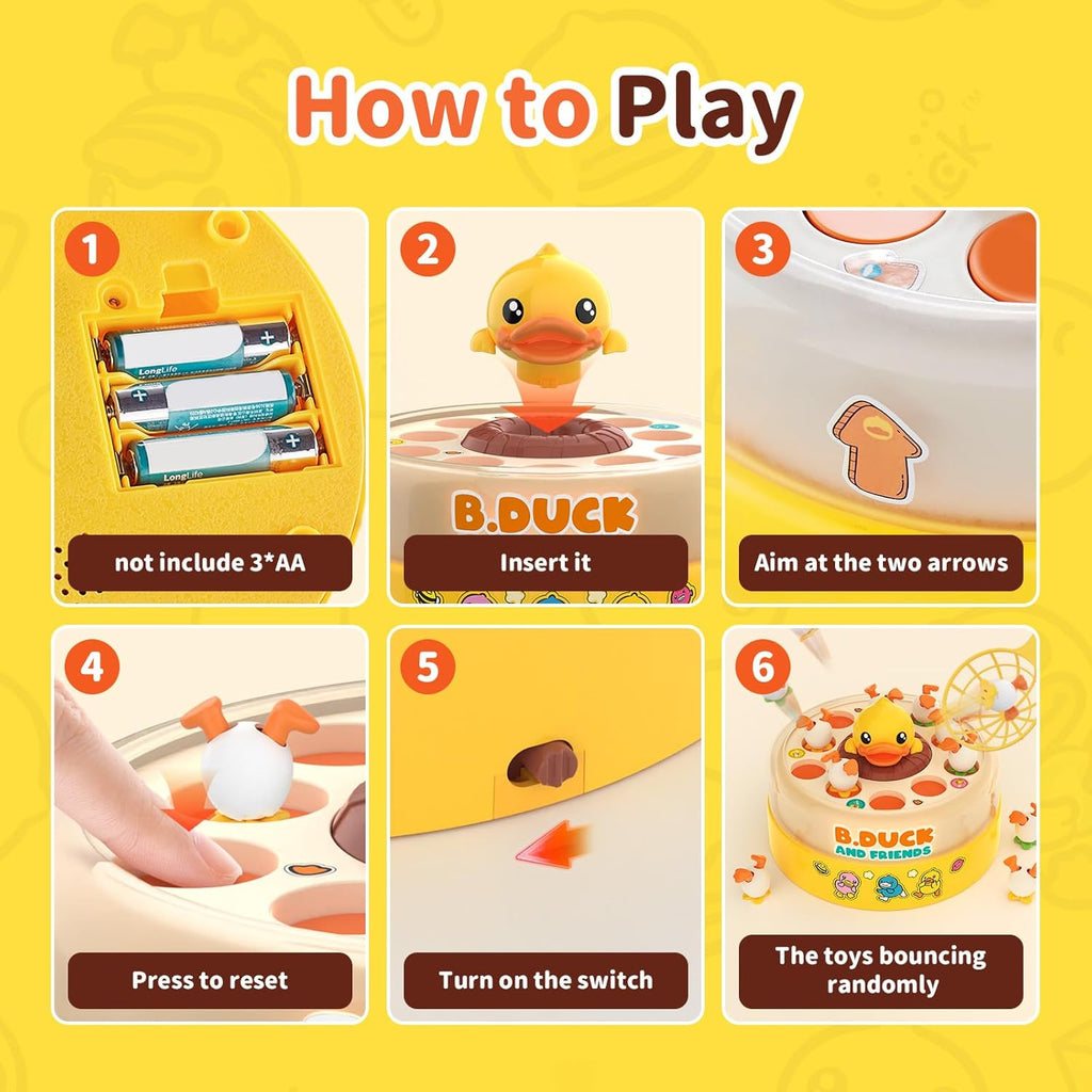 Instructions on how to play with the colorful rotating Jumping Ducks toy.