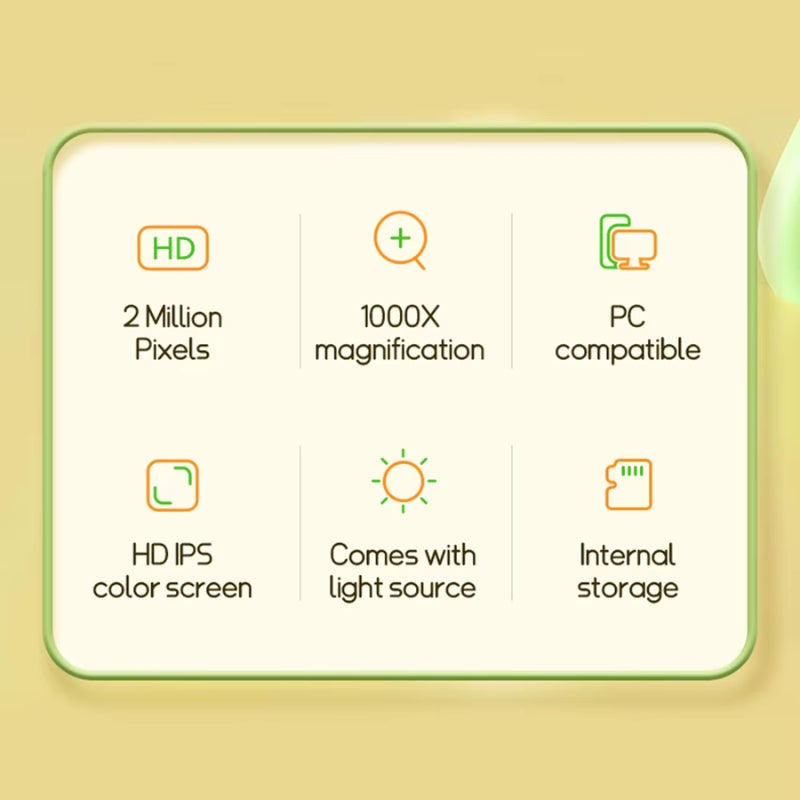 Infographic showcasing features of the Junior Digital Microscope like 2 million pixel screen, 1000x magnification, IPS color display, memory card, PC and Mac compatibility.