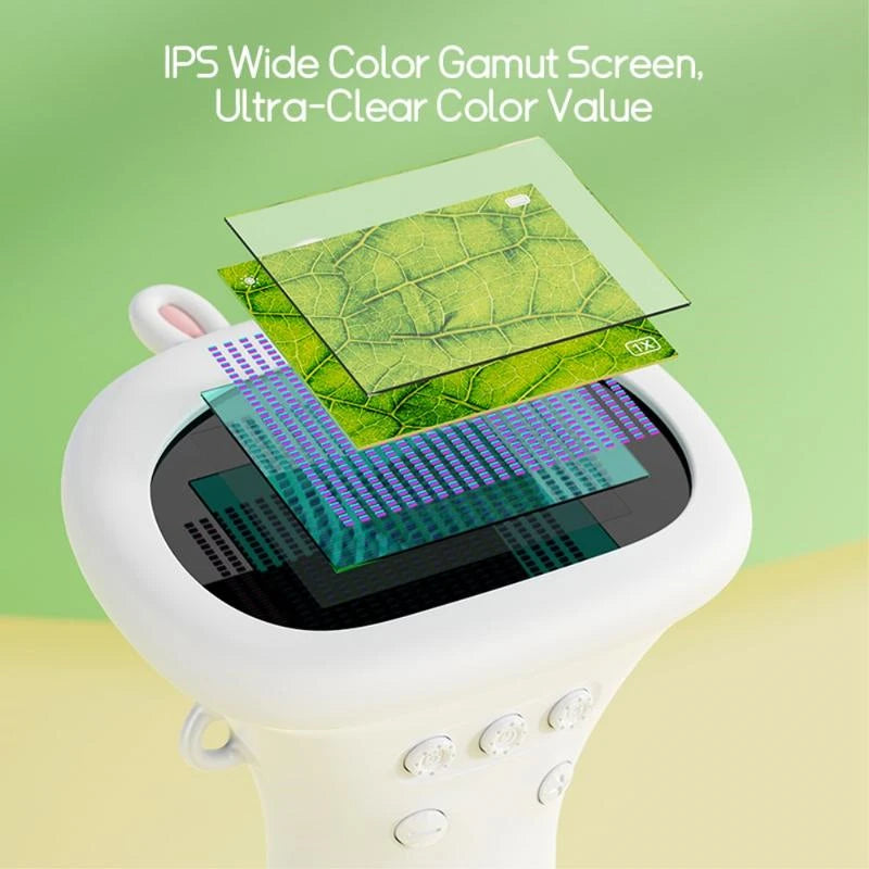 Infographic showcasing the structure of the IPS Wide Color screen of the Junior Digital Microscope for children.