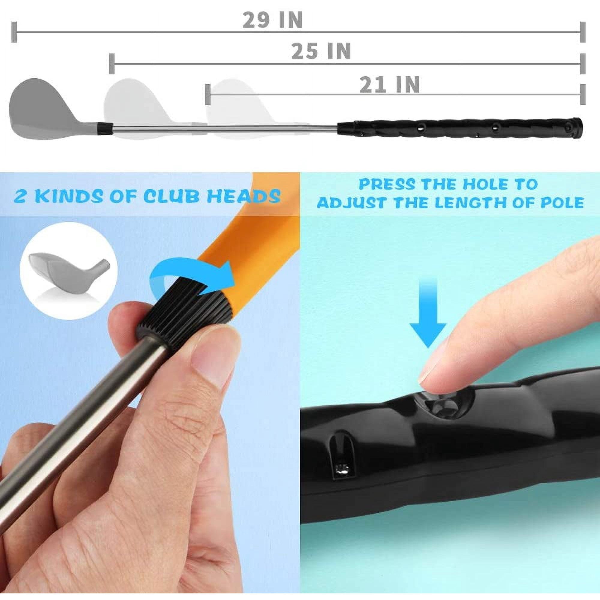 Expandable club and two club heads featured in the Junior Golf Coach set for kids.