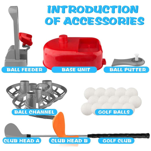 Junior Golf Coach set for kids featuring a ball feeder, based unit, ball stand, golf balls, two club heads and a club.