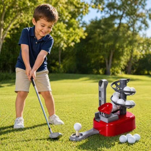 Boy playing golf in the park using a toy called Junior Golf Coach which feeds him the balls. 