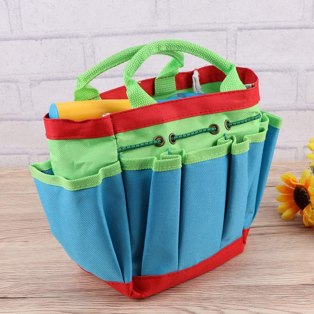 Colorful gardening tote bag which stores all Little Botanist Kit pieces.
