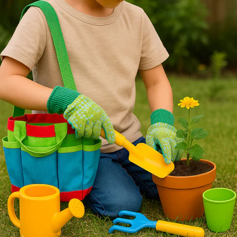 Boy planting a flower using his Little Botanist Kit by Smartoon Kids.