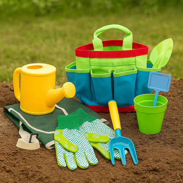 Cute display of the Little Botanist Kit which includes green trowel, blue cultivator, yellow shovel, watering can, colorful tote bag, and a pair of green gardening gloves. 