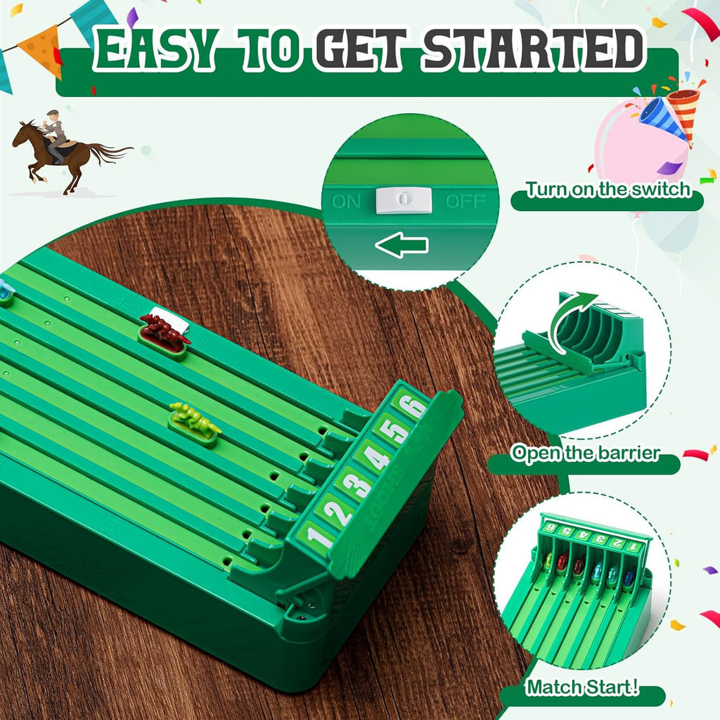 Graphic showcasing instructions on how to play the Little Horse Racers game. 