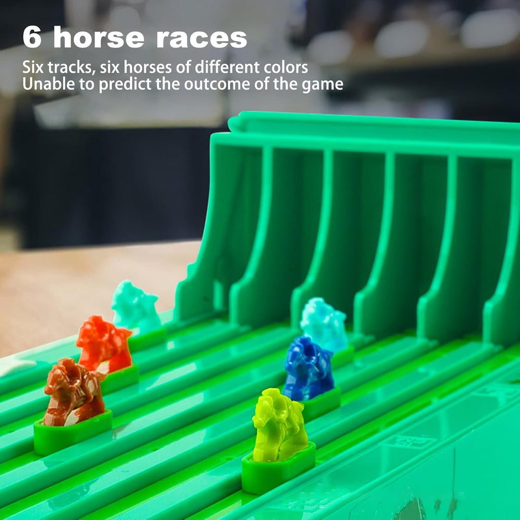 Close up on tracks and horse racers figurines featured in the Horserace Alliance game.