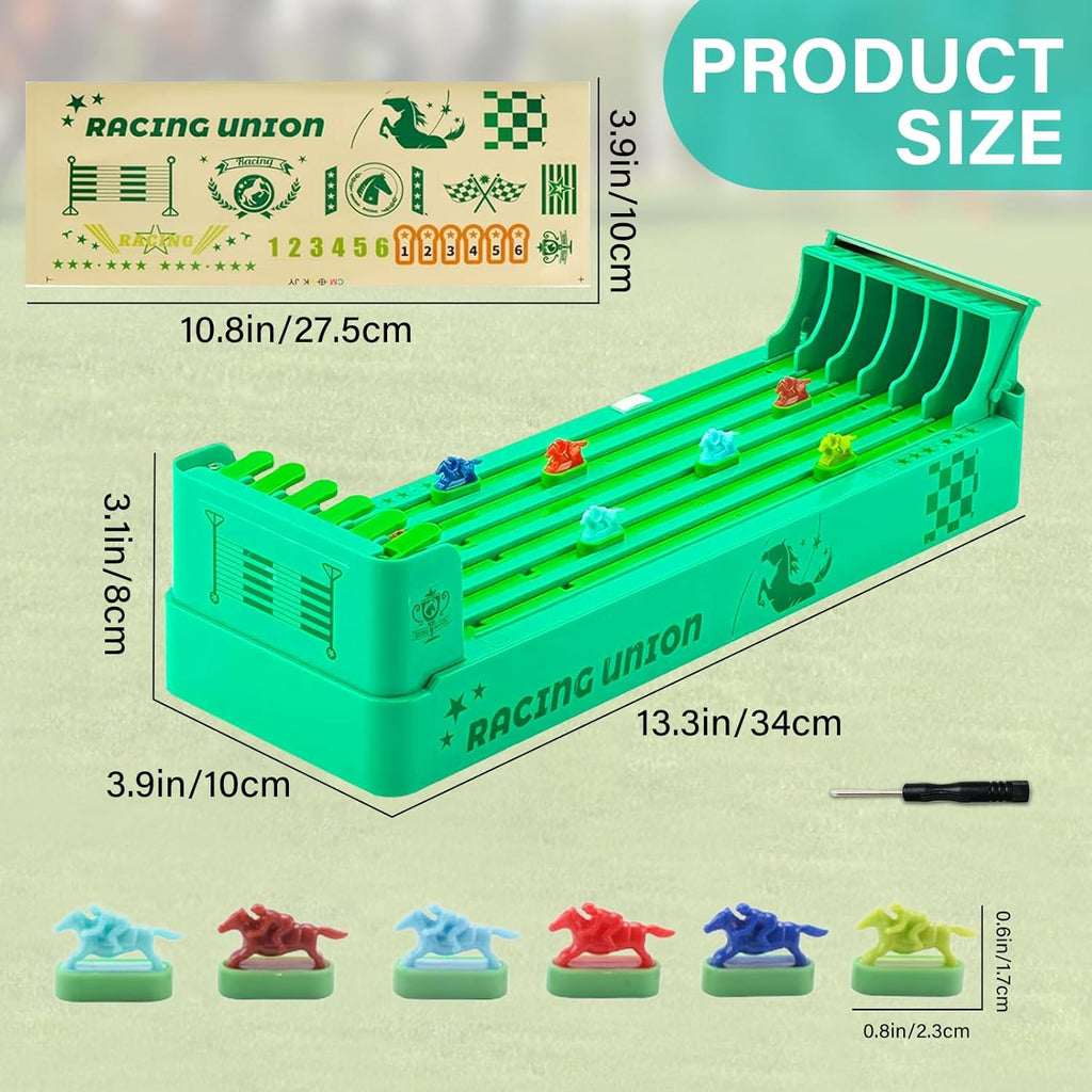 Dimensions of the Little Horse Racers game and all the pieces that are included in the box.