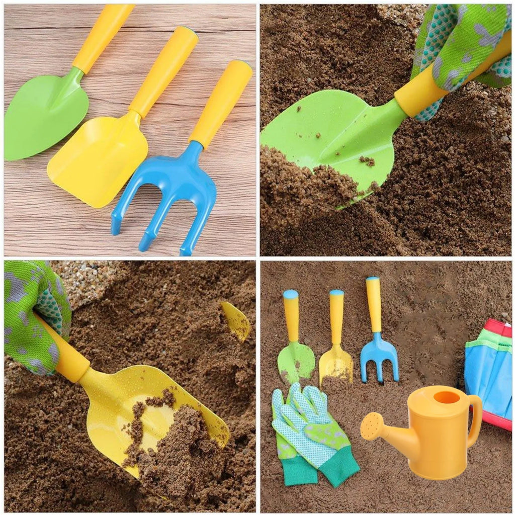 Children's gardening set including colorful shovel, spade, rake, watering can, gloves, and a carrying bag. Perfect for kids to explore gardening and outdoor play.