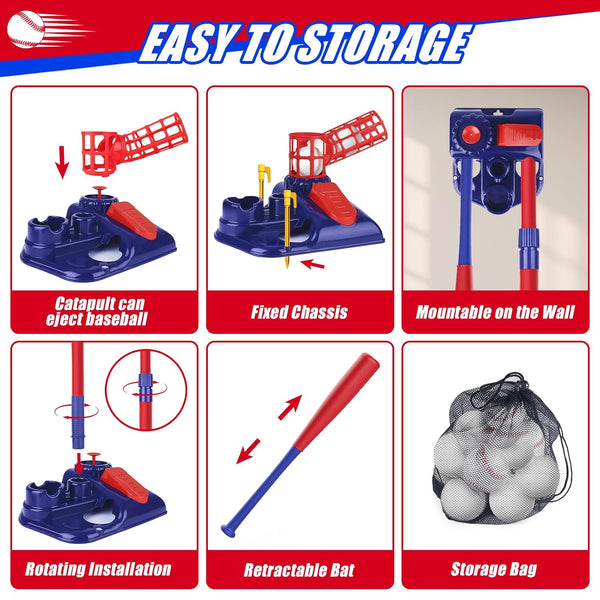Baseball trainer set storage guide showing a collapsible ball-launching catapult base, fixed ground spikes, wall-mount option, rotating bat installation, retractable bat, and mesh storage bag with baseballs.