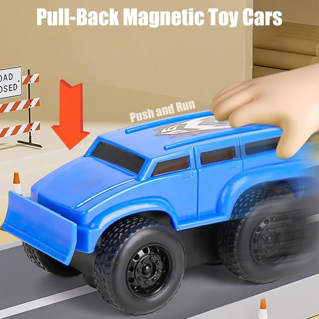 Infographic showing a pull-back Magnetic Racer toy for kids. 