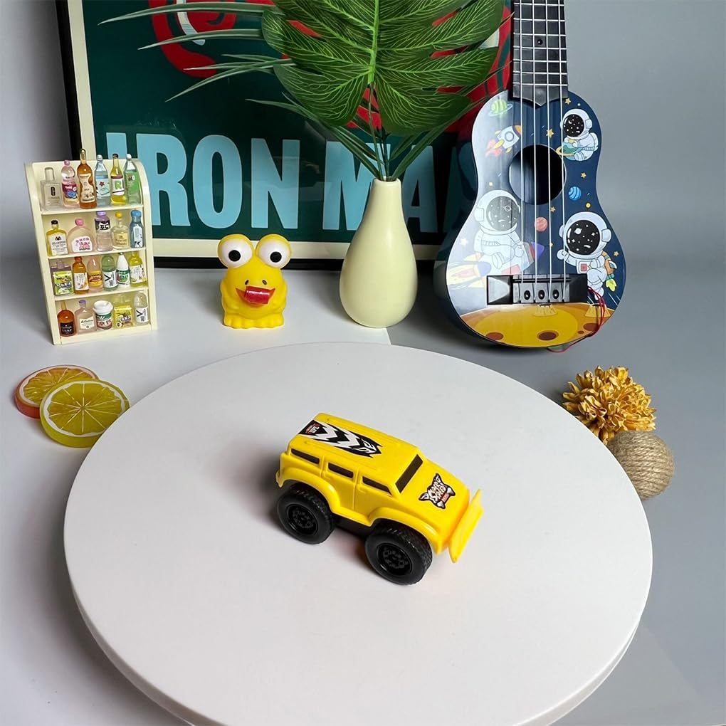 Cute display showing a yellow pull-back toy which is a part of a 5 piece Magnetic Racers set for kids. 