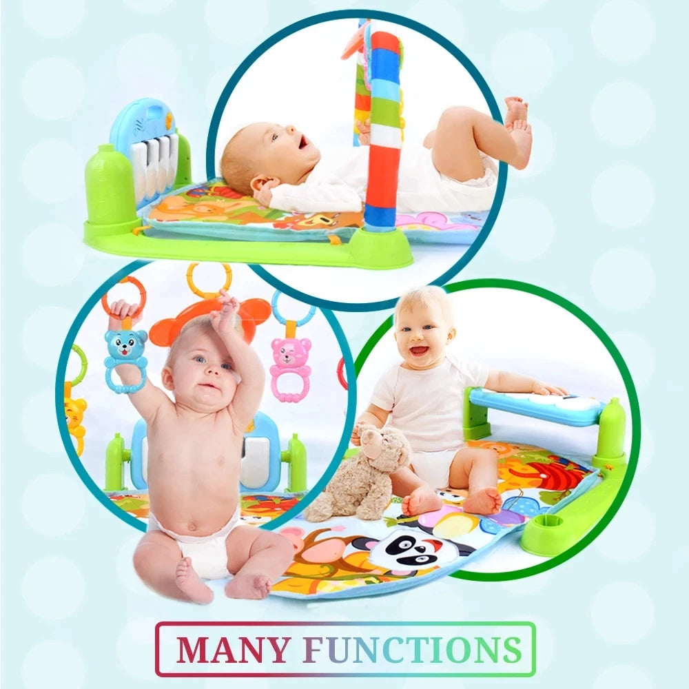 Colorful playgym for babies with mobile toys, piano, and a soft cushioned mat. 