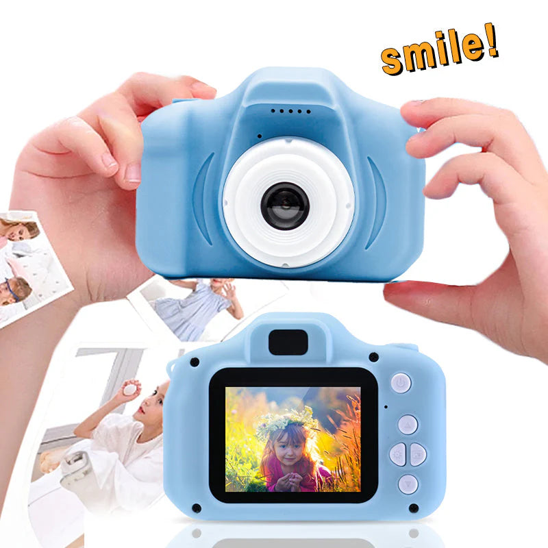 Hands holding a blue child-size camera.