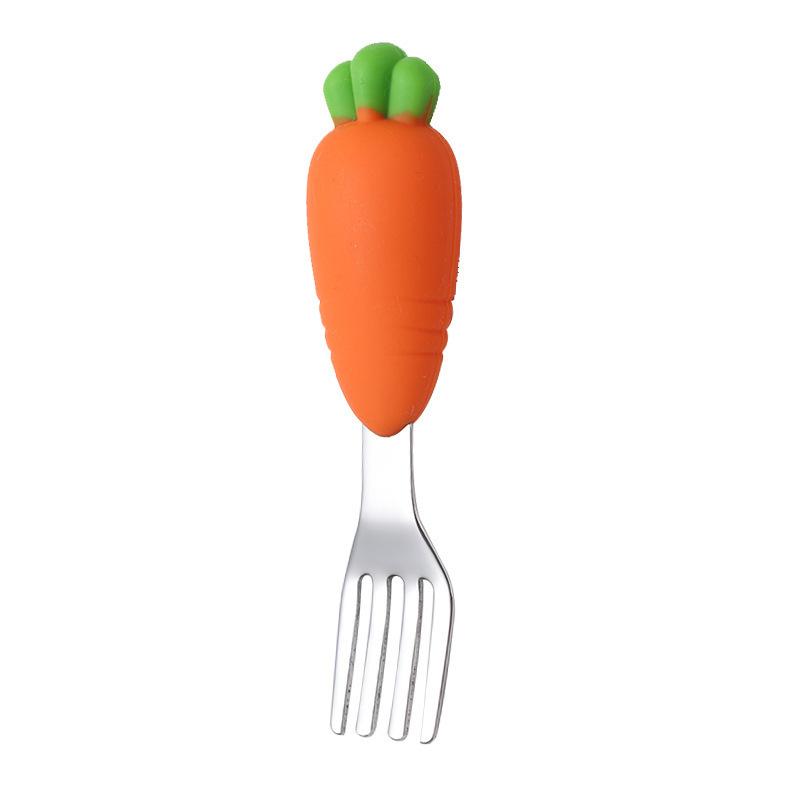 Metal fork with a carrot shaped silicone handle featured in My First Dining Set for babies and toddlers. 